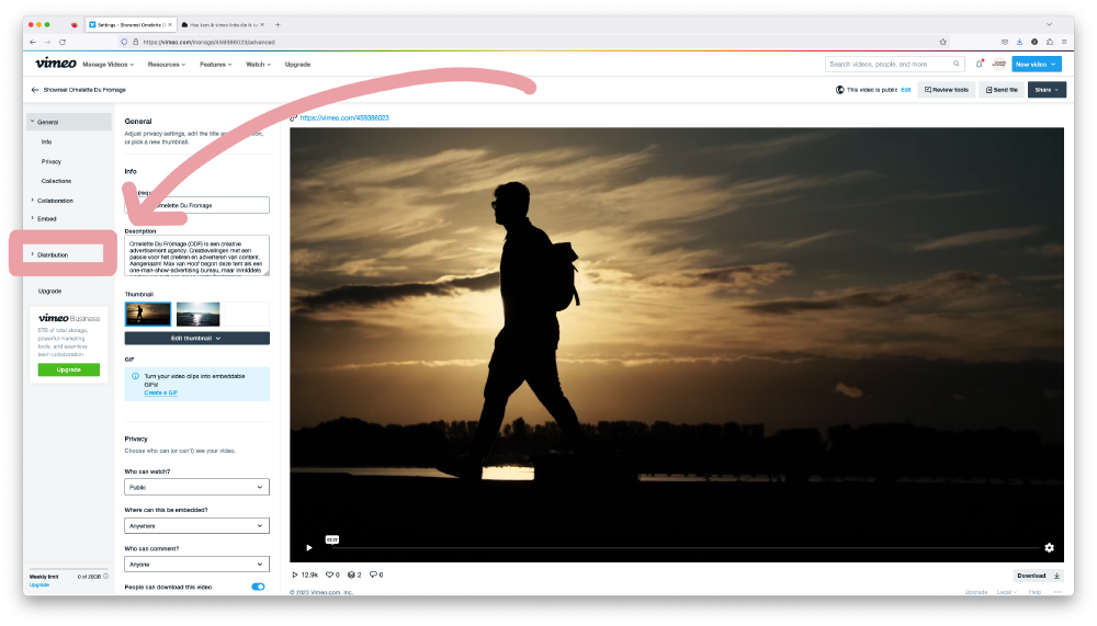 Vimeo advanced settings with the Distribution tab in the left navigation