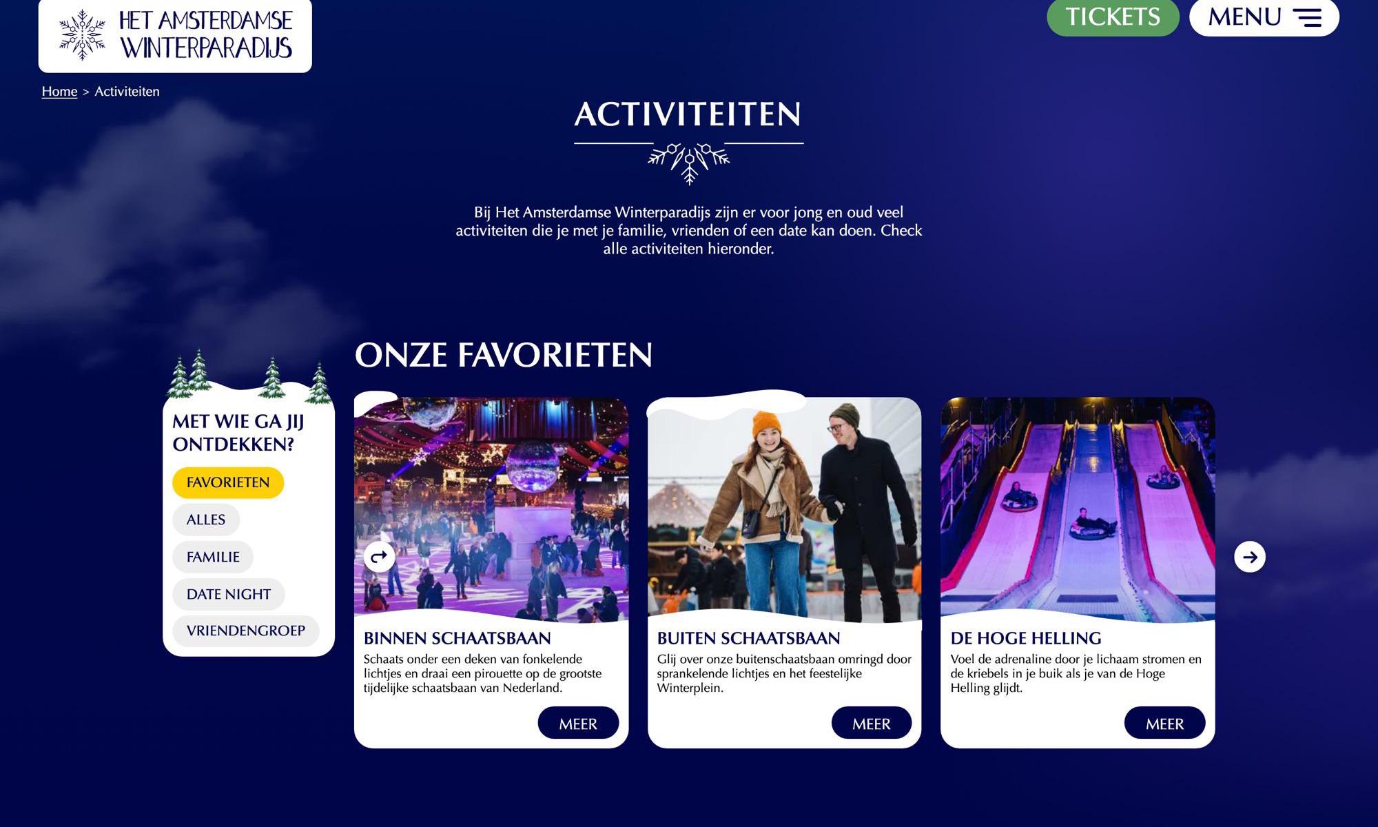 Activities page of Het Amsterdamse Winterparadijs with a filter for family, date night and group of friends