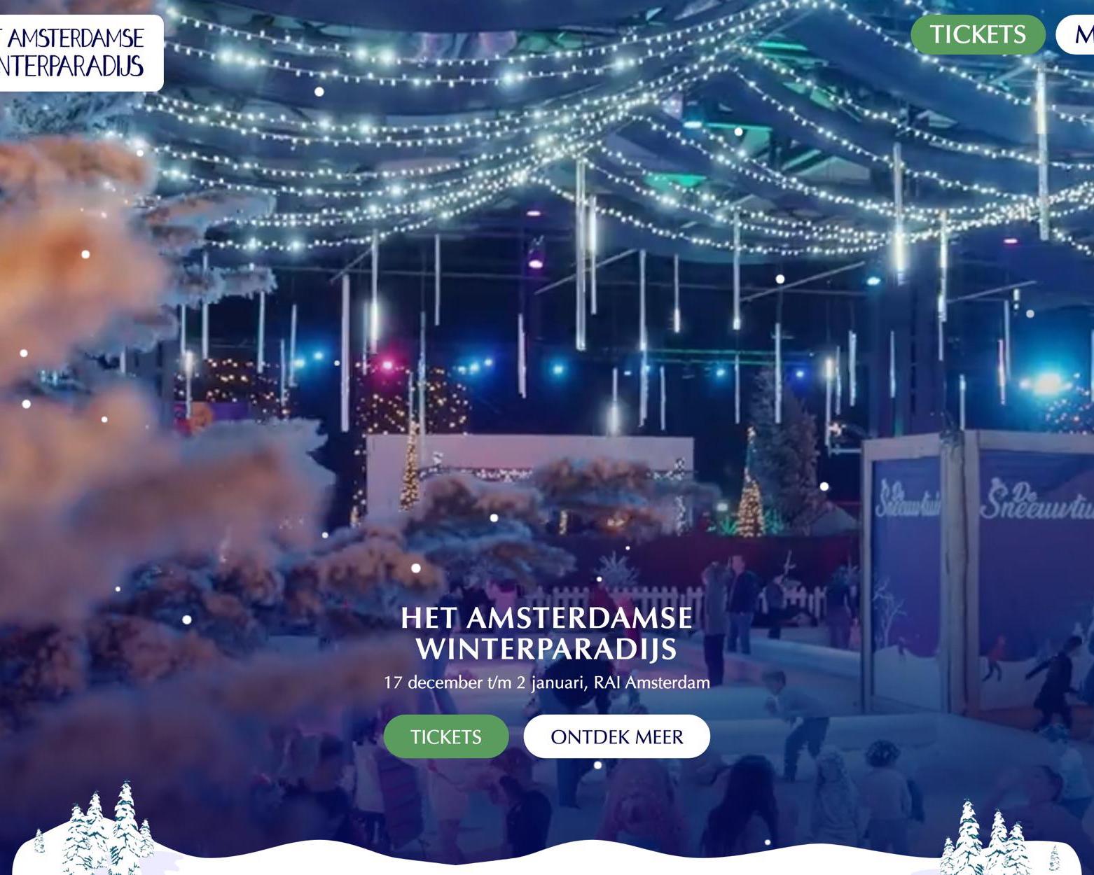 Homepage of Het Amsterdamse Winterparadijs with lights above the ice rink