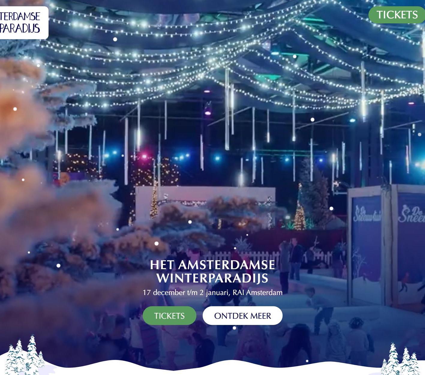 Homepage of Het Amsterdamse Winterparadijs with lights above the ice rink