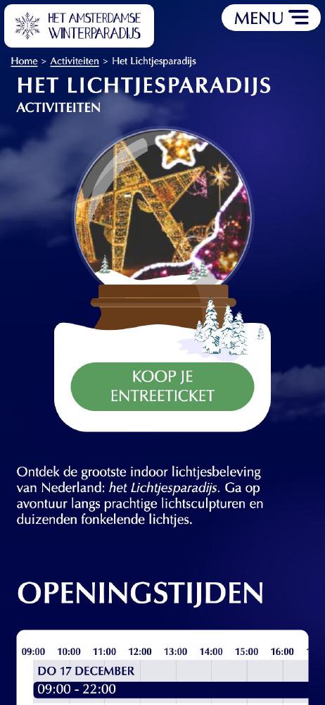 Page for the Lichtjesparadijs, the festival of lights, with a snow globe and opening hours on a phone