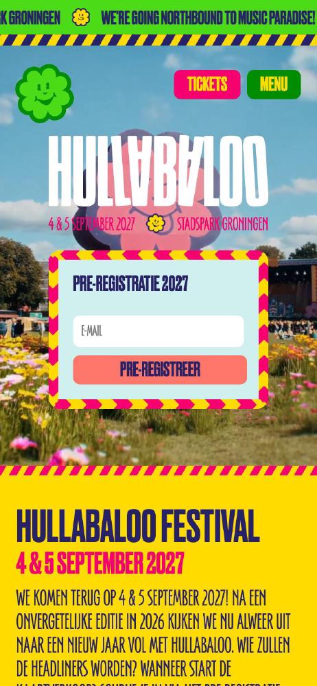 Hullabaloo Festival homepage on a phone