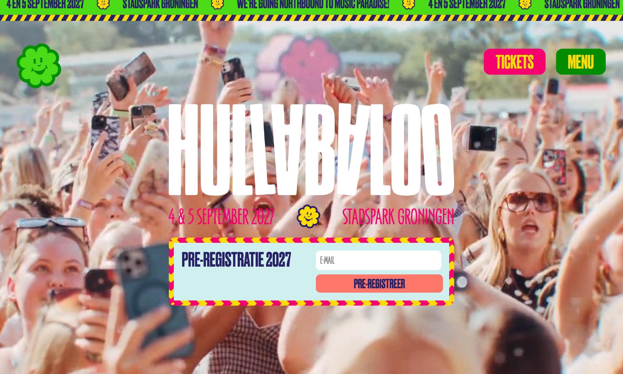 Hullabaloo Festival homepage with the logo above the Stadspark and the pre-registration