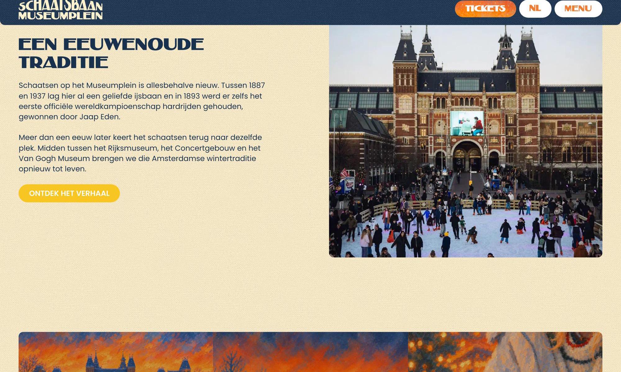 Website van Schaatsbaan Museumplein met schaatsers voor het Rijksmuseum