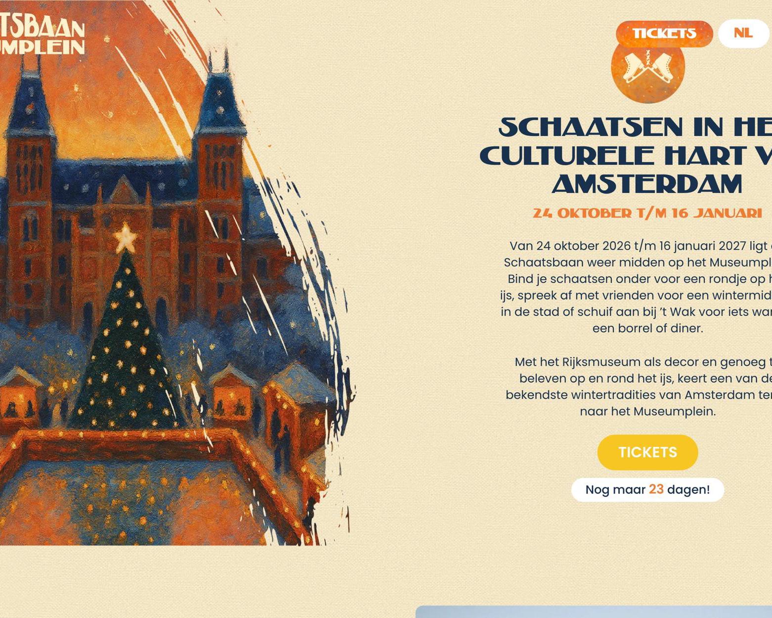Homepage van Schaatsbaan Museumplein met het Rijksmuseum in de winter