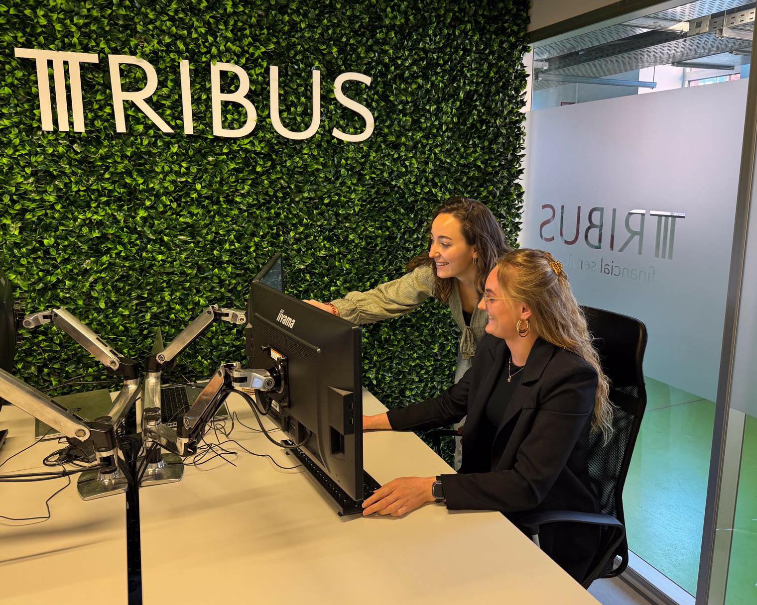 Two Tribus employees at a desk in front of the green Tribus wall